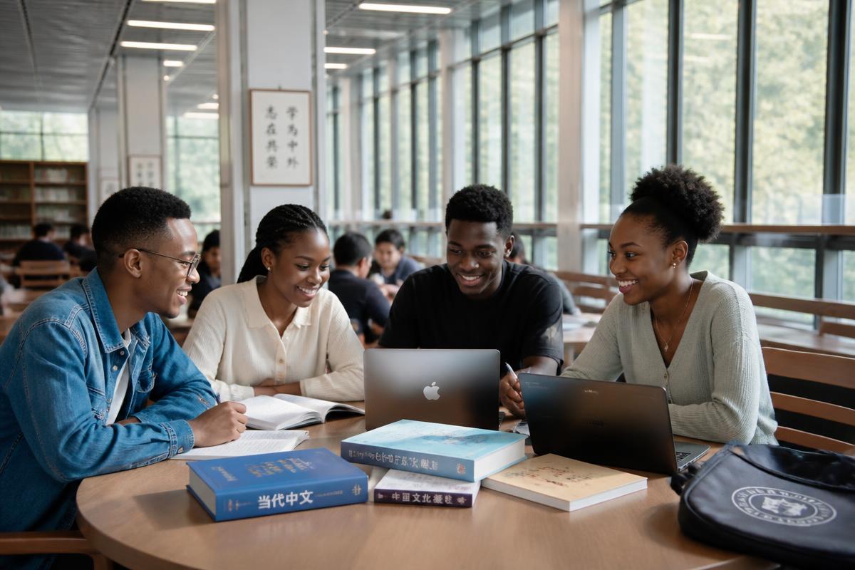 Étudiants africains étudiant dans une bibliothèque universitaire en Chine